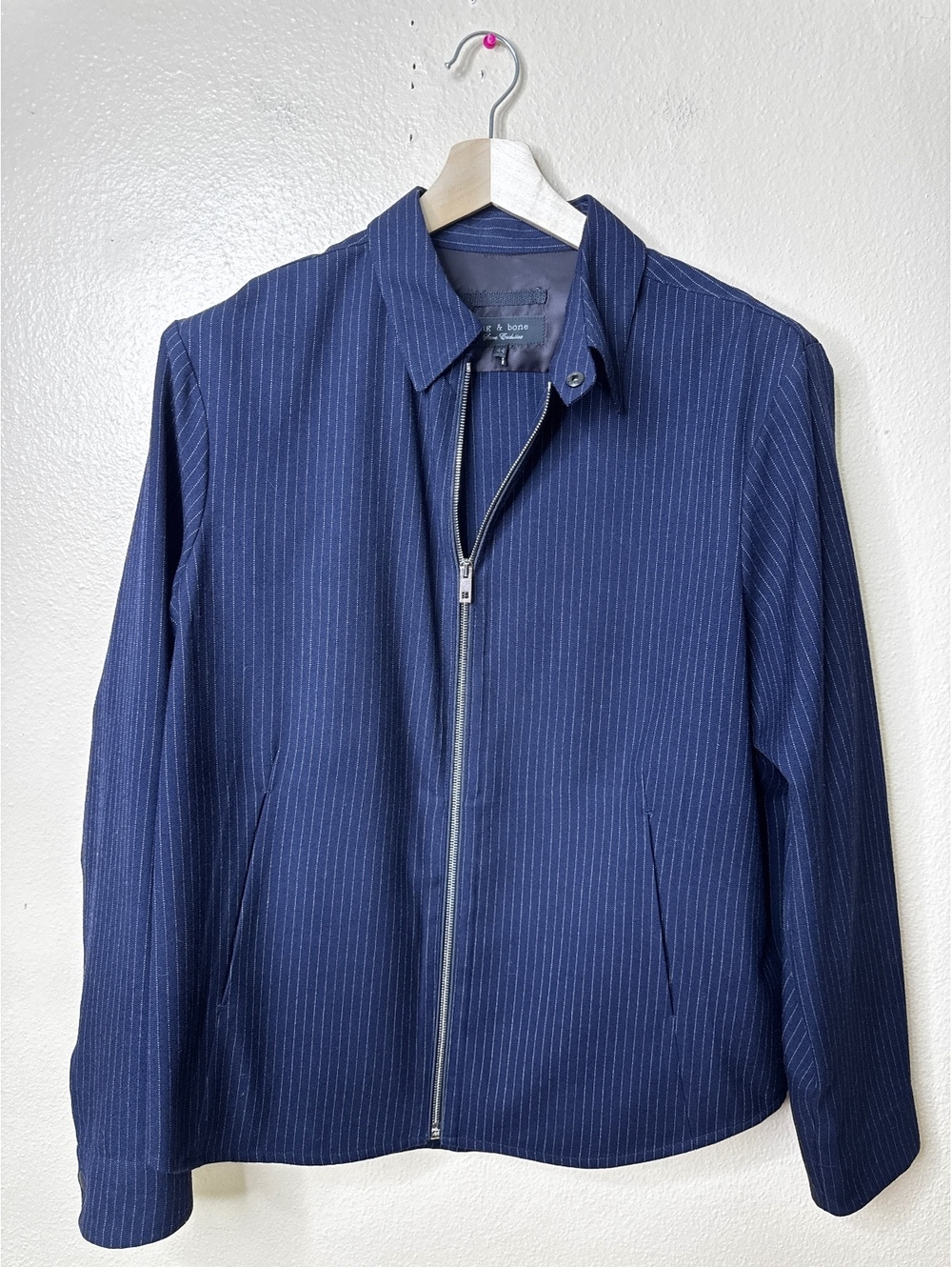 Rag & Bone Store Exclusive Jacket Mens 44 Navy Blue Pinstripe Full Zip Wool